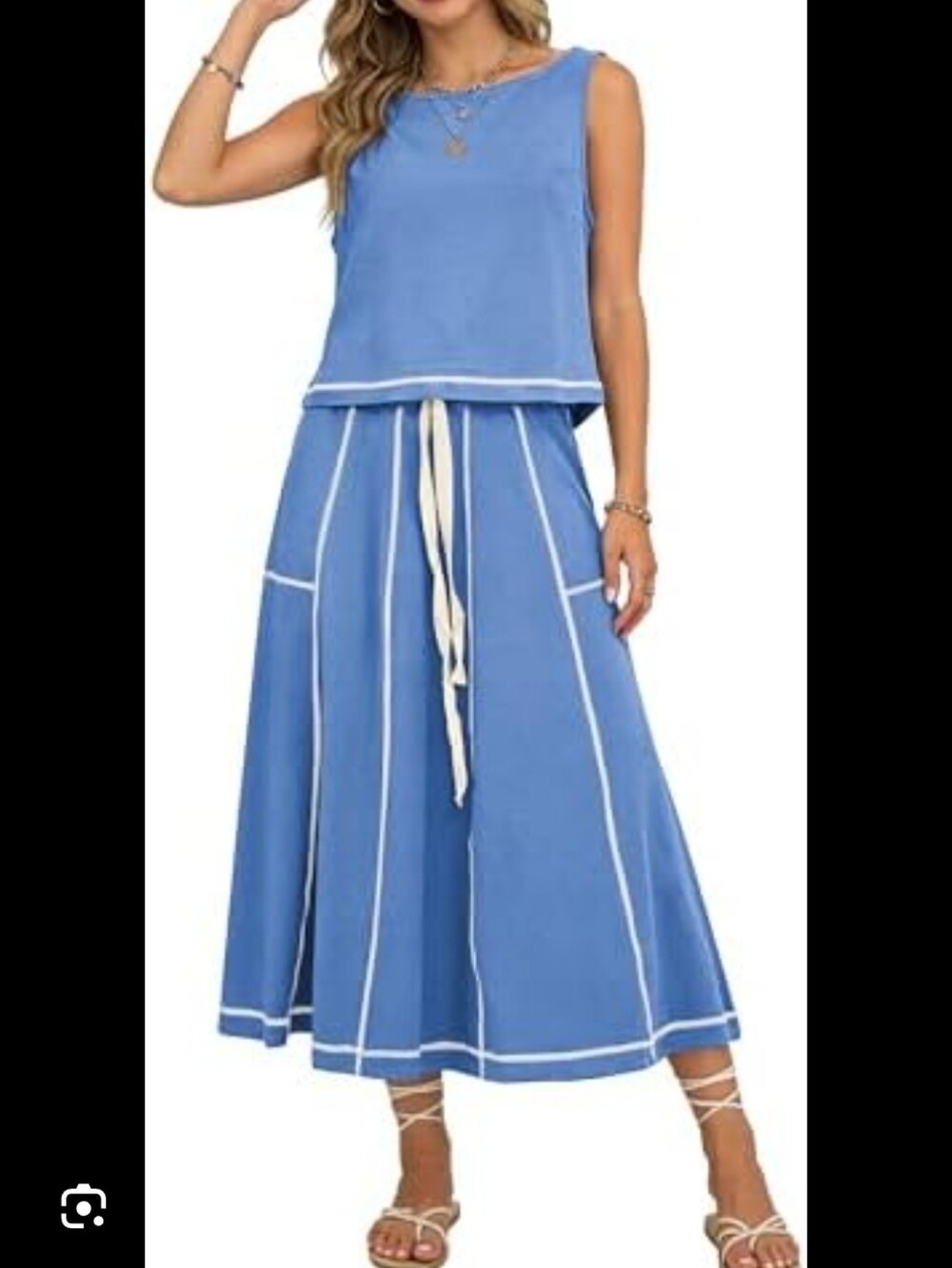 Sleeveless Blue Top &  Drawstring Midi Skirt -2 Piece Set